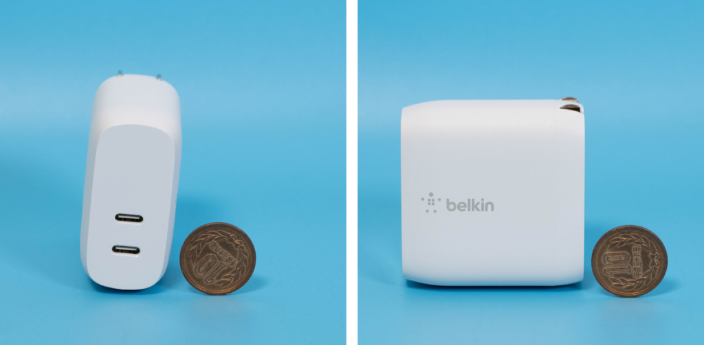 Belkin 40WデュアルUSB-C充電器 10円玉とサイズ比較