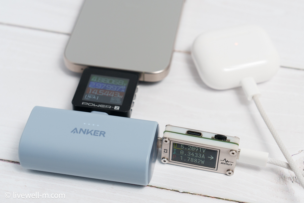 Anker Nano Power Bank (22.5W, Built-In USB-C Connector)でiPhone 15 ProとAirPods（第3世代）を同時充電