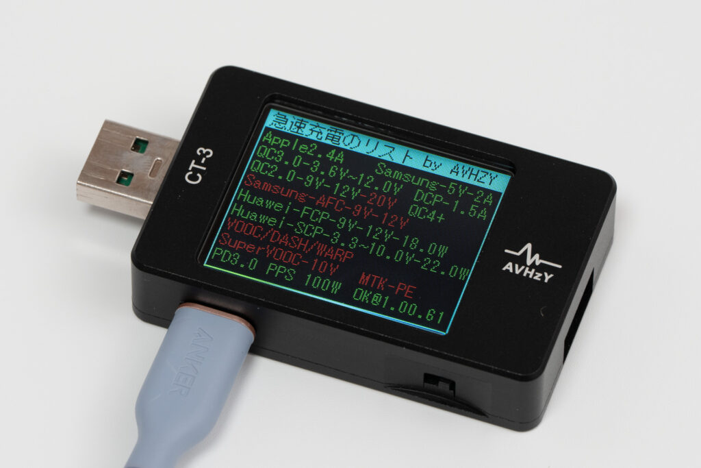 USBチェッカーでAnker Prime Charger (100W, 3 Ports, GaN)の急速充電規格を確認している様子